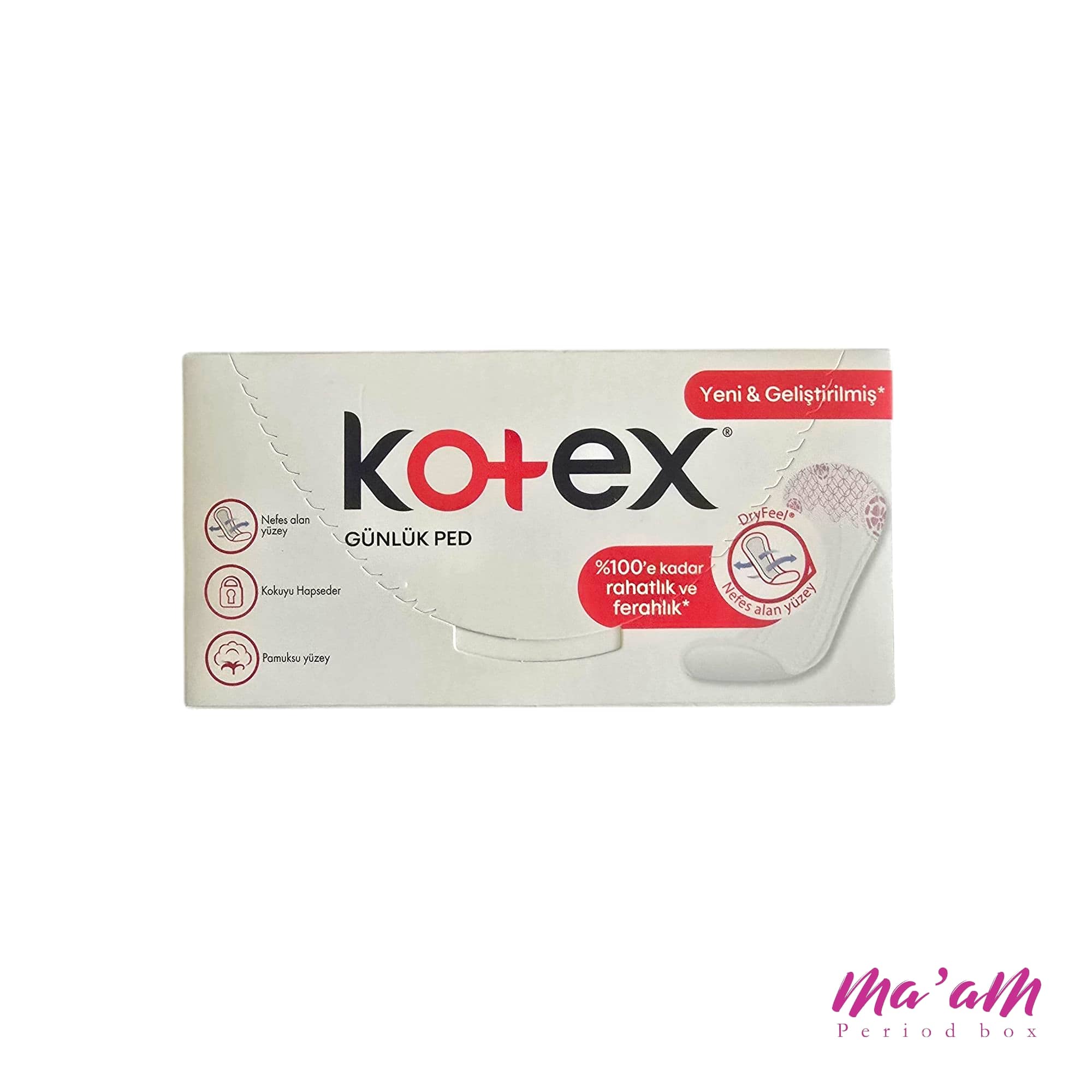 بسته پد روزانه Kotex Günlük Ped ۳۴ عددی نازک و بدون عطر با طراحی سفید و پروانه قرمز