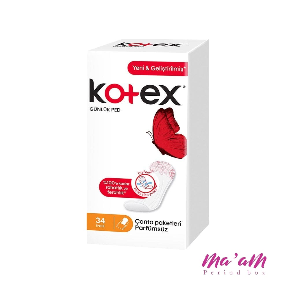 بسته پد روزانه Kotex Günlük Ped ۳۴ عددی نازک و بدون عطر با طراحی سفید و پروانه قرمز