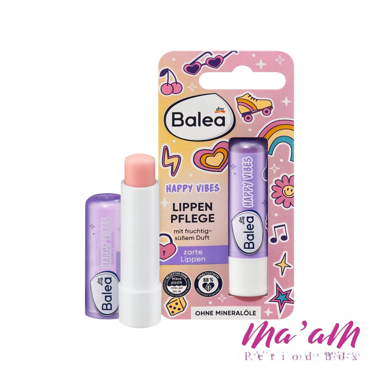 Alt Text: بالم لب باله آ Happy Vibes با بسته‌بندی رنگارنگ از برند DM آلمان